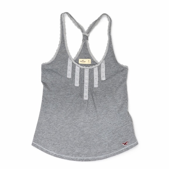 Hollister Womens Y2K Grey Lace Trim Racerback Tank Size M Heathered Cotton - Picture 3 of 8